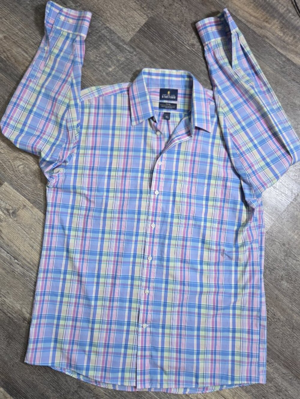 Stafford Long Sleeve Button Down Shirt Bright Pastel Plaid Sz 16.5/34-35